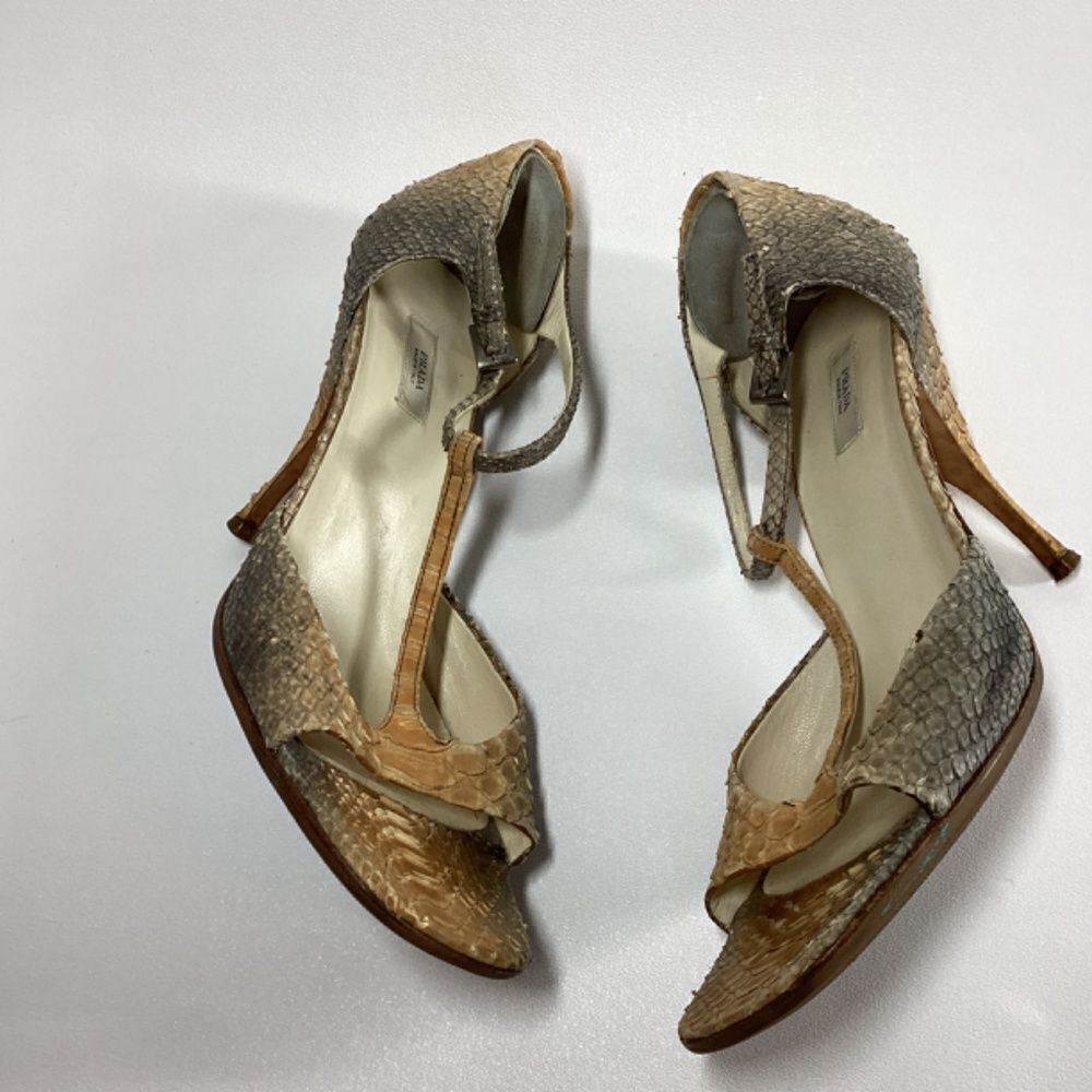 Prada Brown Tan Snakeskin T-Strap Heels - Picture 15 of 15